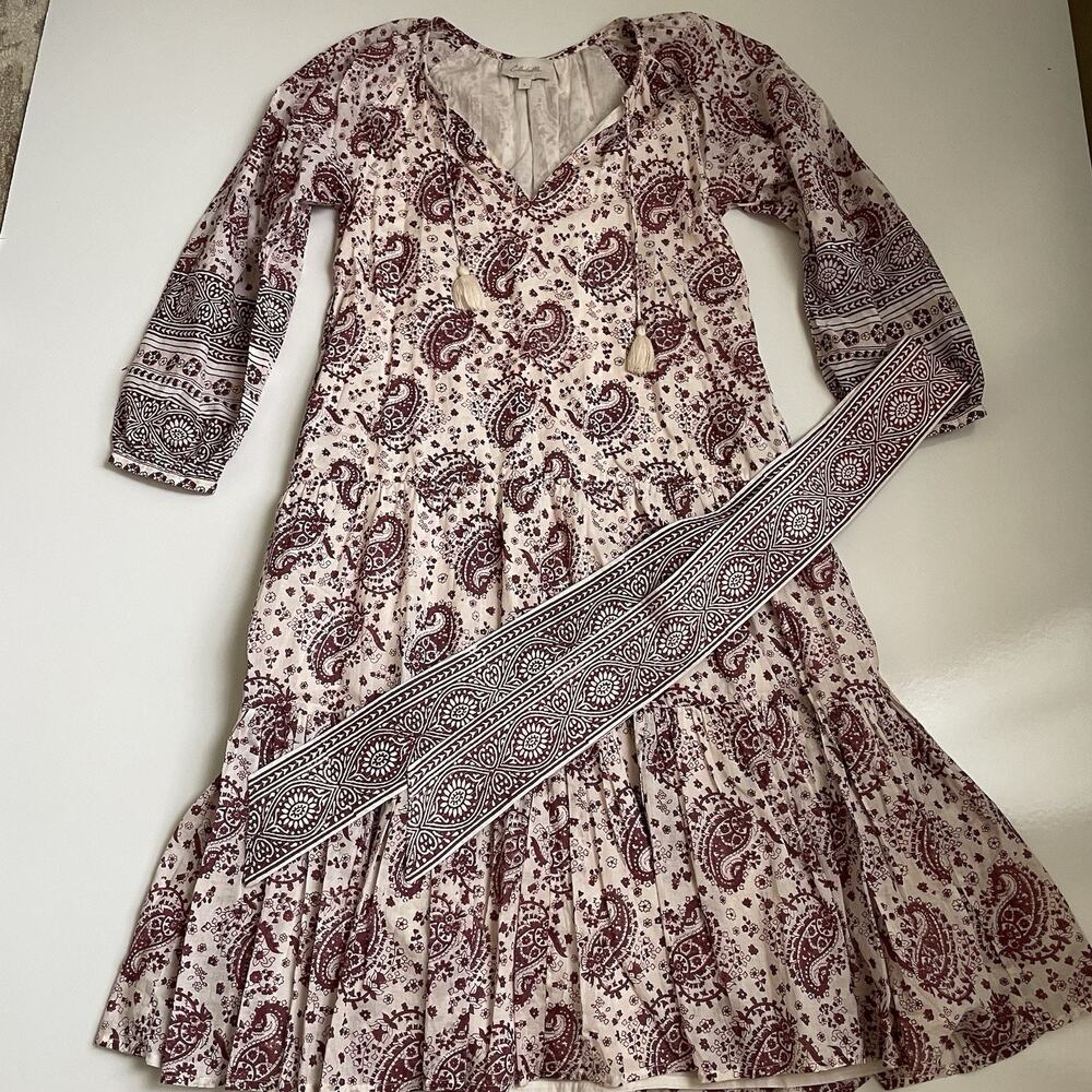 Cleobella Women’s S White/Burgundy Paisley V-Neck Tie Waist Ruffle Lined Midi